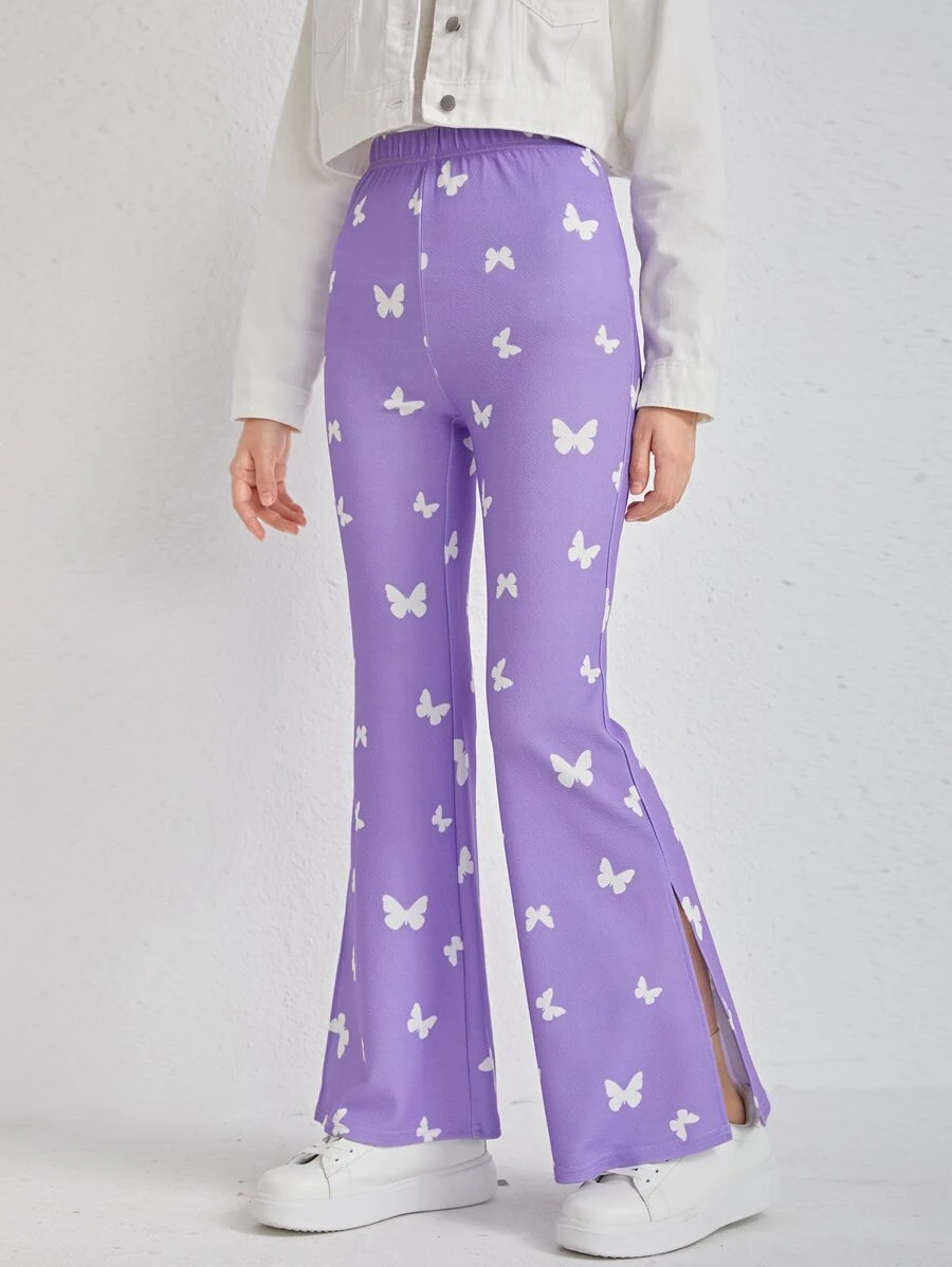 SHEIN Teen Girls Butterfly Print Split Hem Trousers - Lilac Purple - View 1