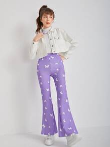 SHEIN Teen Girls Butterfly Print Split Hem Trousers - Lilac Purple - View 3