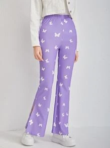 SHEIN Teen Girls Butterfly Print Split Hem Trousers - Lilac Purple - View 5