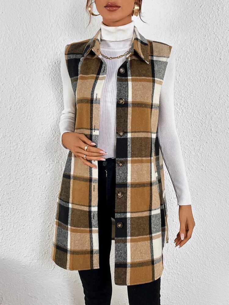 SHEIN Essnce Plaid Print Vest Coat - Multicolor - View 3