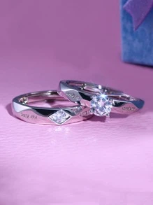 HOTNICE 時尚流行男士合金2入組情侶字母細節方晶鋯石裝飾戒指適合珠寶禮物和時尚外觀 - 銀色 - 查看 2