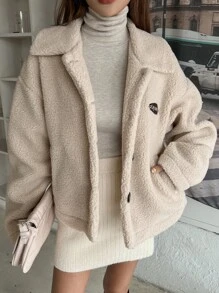 DAZY Chaqueta tipo teddy con parche de letra, ropa de mujer de otoño - Albaricoque - Ver 1