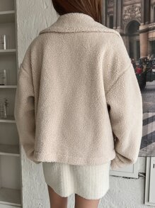 DAZY Chaqueta tipo teddy con parche de letra, ropa de mujer de otoño - Albaricoque - Ver 2