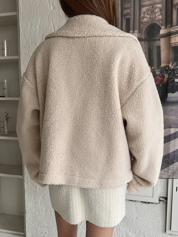 Letter Patched Drop Shoulder Teddy Jacket,Fall Women Clothes