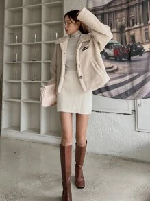 DAZY Chaqueta tipo teddy con parche de letra, ropa de mujer de otoño - Albaricoque - Ver 3