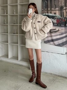 DAZY Chaqueta tipo teddy con parche de letra, ropa de mujer de otoño - Albaricoque - Ver 5