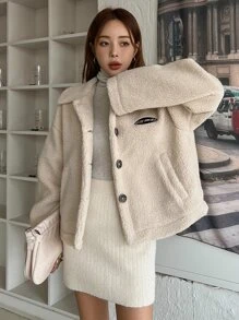 DAZY Chaqueta tipo teddy con parche de letra, ropa de mujer de otoño - Albaricoque - Ver 6