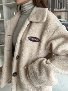 DAZY Chaqueta tipo teddy con parche de letra, ropa de mujer de otoño - Albaricoque - Ver 7