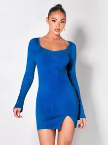 SHEIN BAE Ribbed Knit Split Hem Jumper Dress - Blue - View 7