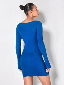 SHEIN BAE Ribbed Knit Split Hem Jumper Dress - Blue - View 2