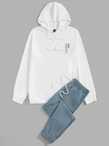 GENTILAND Men Slogan Graphic Hoodie & Drawstring Waist Trousers - Blue and White - View 1
