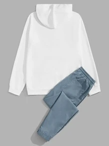 GENTILAND Men Slogan Graphic Hoodie & Drawstring Waist Trousers - Blue and White - View 2