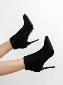 Suedette Zipper Side Point Toe Stiletto Heeled Classic Boots - Black - View 1