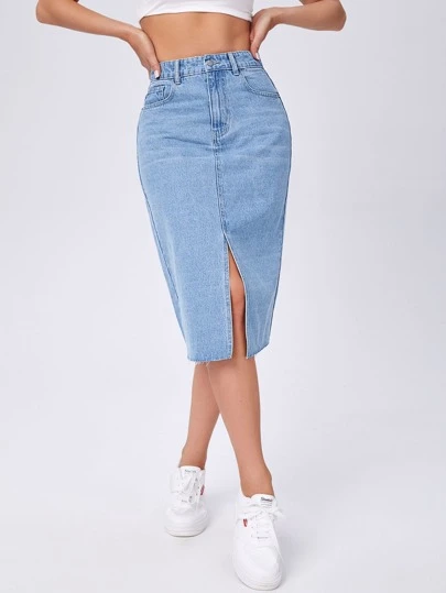 ハイウェスト スプリットヘム デニムスカート | SHEIN JAPAN