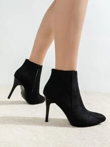 Suedette Zipper Side Point Toe Stiletto Heeled Classic Boots - Black - View 2