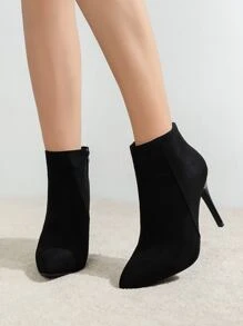 Suedette Zipper Side Point Toe Stiletto Heeled Classic Boots - Black - View 3