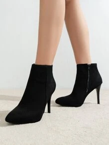 Suedette Zipper Side Point Toe Stiletto Heeled Classic Boots - Black - View 4