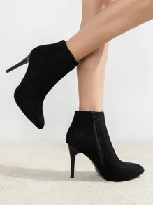 Suedette Zipper Side Point Toe Stiletto Heeled Classic Boots - Black - View 5