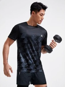 Manfinity Fitness 男友风 男士 字母与几何图案运动 T 恤 运动上衣 - 黑色 - 查看 1