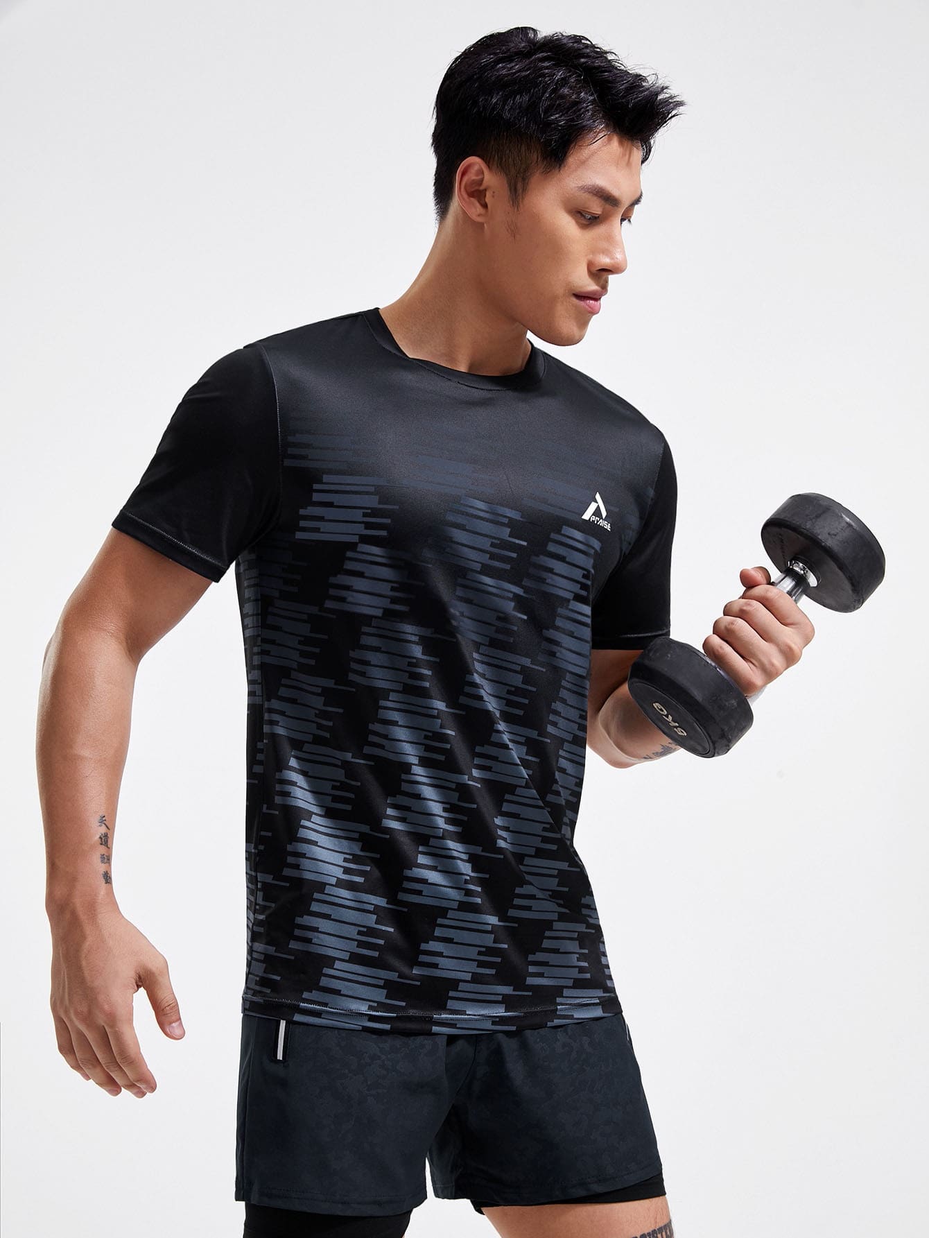 Manfinity Fitness 男友风 男士 字母与几何图案运动 T 恤 运动上衣 - 黑色 - 查看 1