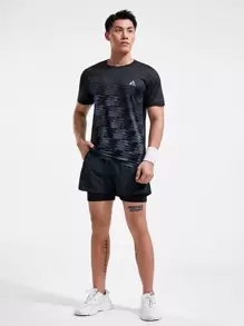 Manfinity Fitness 男友风 男士 字母与几何图案运动 T 恤 运动上衣 - 黑色 - 查看 5