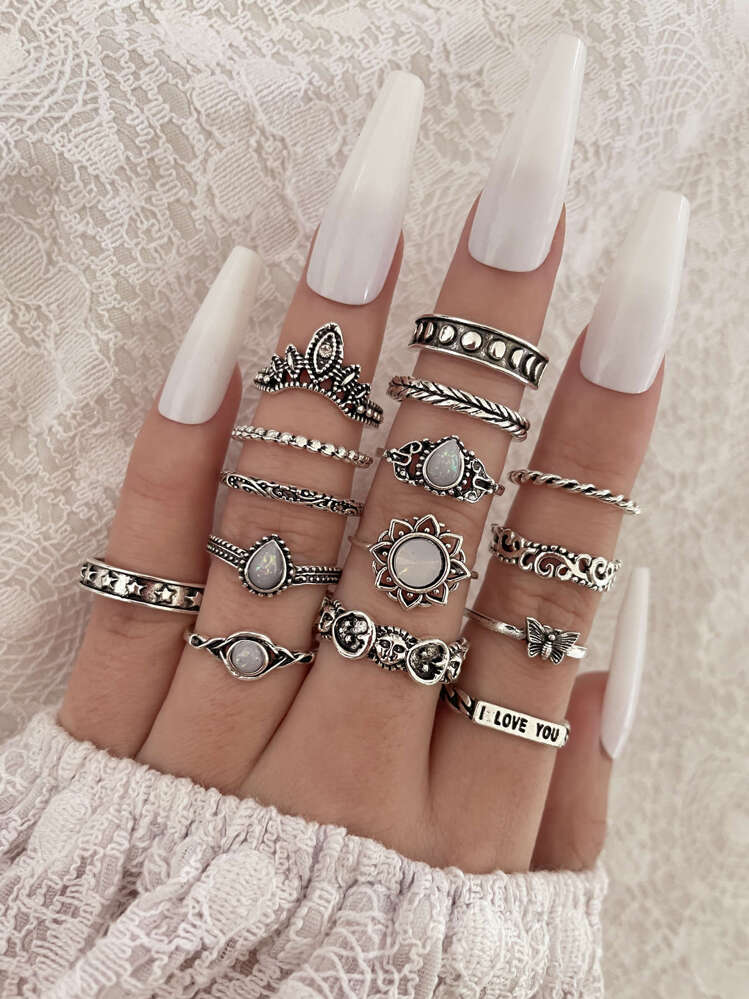 15st vattendroppar & fjärilsdekorring - Antikt Silver - Visa 1