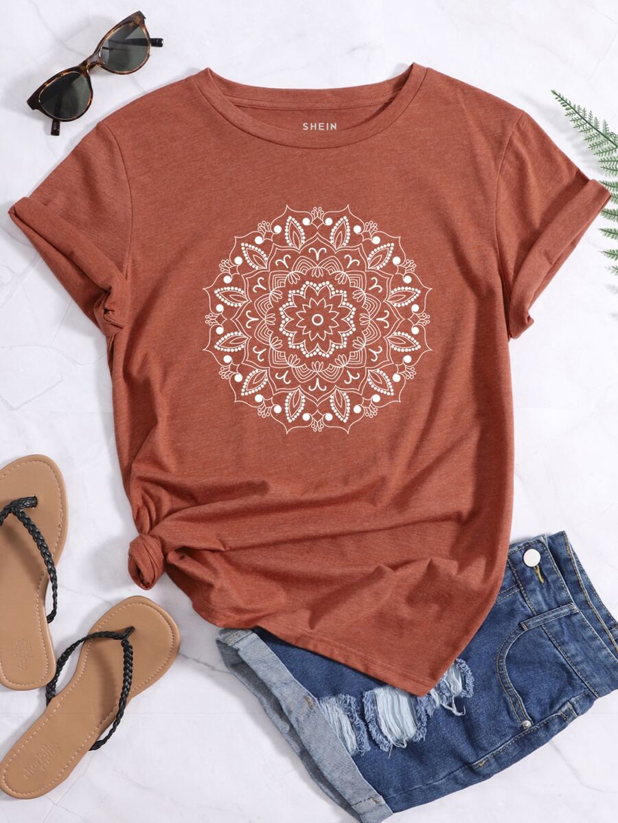 INAWLY Mandala Print Round Neck Tee Graphic Tees Women Tops - Rust Brown - View 1