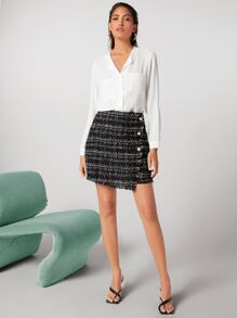 BizChic High Waist Plaid Pattern Raw Trim Single Breasted Tweed Skirt - Black - View 3