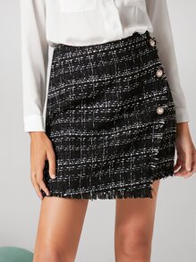 BizChic High Waist Plaid Pattern Raw Trim Single Breasted Tweed Skirt - Black - View 4