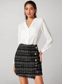 BizChic High Waist Plaid Pattern Raw Trim Single Breasted Tweed Skirt - Black - View 5