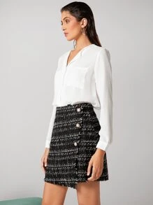 BizChic High Waist Plaid Pattern Raw Trim Single Breasted Tweed Skirt - Black - View 6