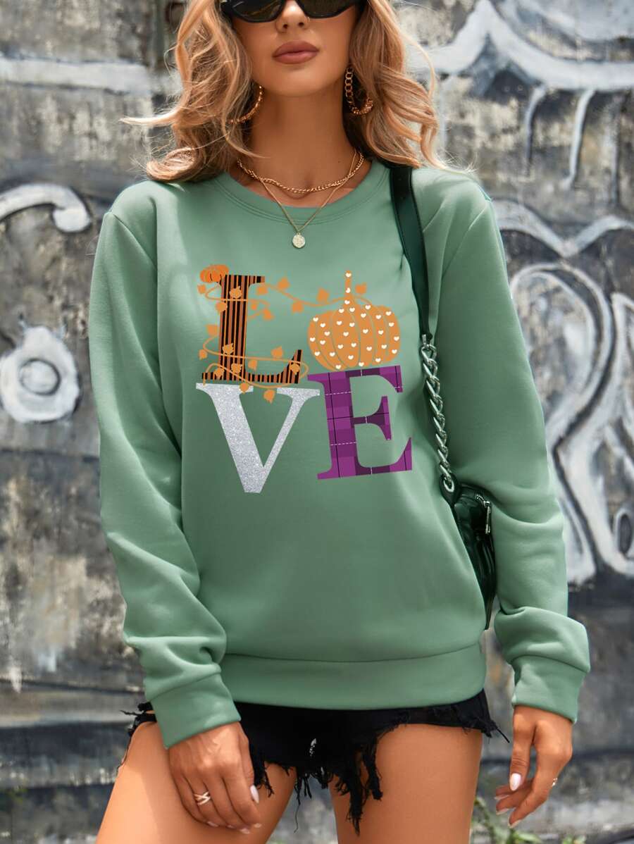 INAWLY Pumpkin And Letter Graphic Drop Shoulder Sweatshirt - Mint Green - View 1
