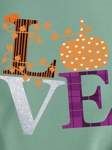 INAWLY Pumpkin And Letter Graphic Drop Shoulder Sweatshirt - Mint Green - View 3