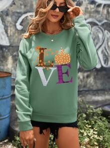 INAWLY Pumpkin And Letter Graphic Drop Shoulder Sweatshirt - Mint Green - View 4