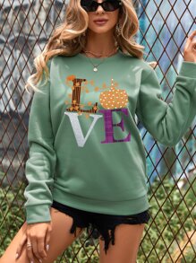 INAWLY Pumpkin And Letter Graphic Drop Shoulder Sweatshirt - Mint Green - View 5