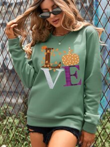 INAWLY Pumpkin And Letter Graphic Drop Shoulder Sweatshirt - Mint Green - View 6