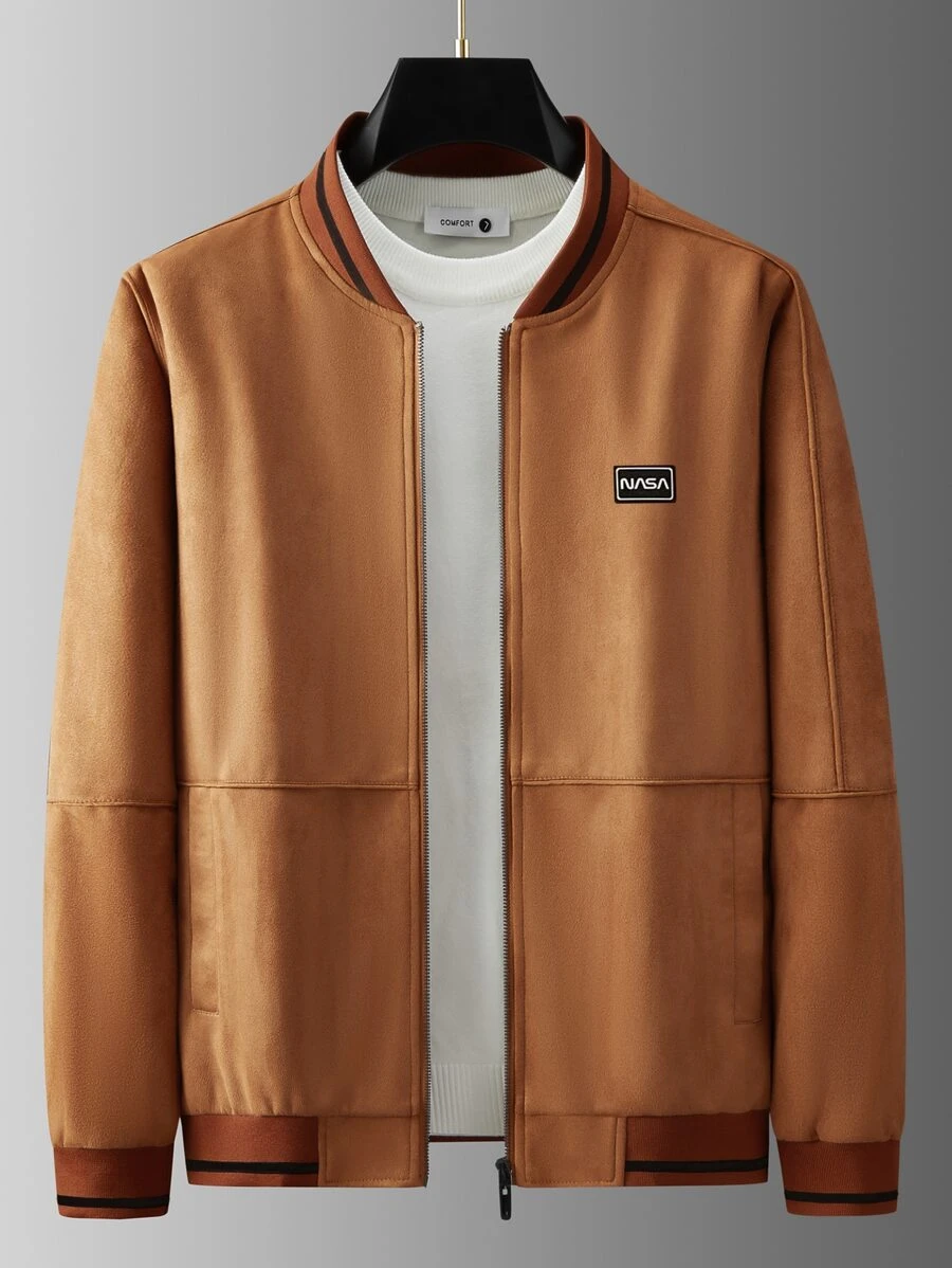 Manfinity Men's Loose Fit Suedette Bomber Jacket With Striped Trim And Letter Patches, No Sweatshirt Included - Brown - View 1