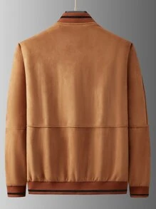 Manfinity Men's Loose Fit Suedette Bomber Jacket With Striped Trim And Letter Patches, No Sweatshirt Included - Brown - View 2