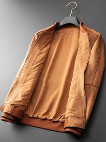 Manfinity Men's Loose Fit Suedette Bomber Jacket With Striped Trim And Letter Patches, No Sweatshirt Included - Brown - View 3