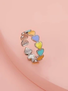1 pieza, recién llegado, anillo de cobre abierto con incrustaciones de corazón colorido bonito y Simple, adecuado para el uso diario de las mujeres - Multicolor - Ver 3
