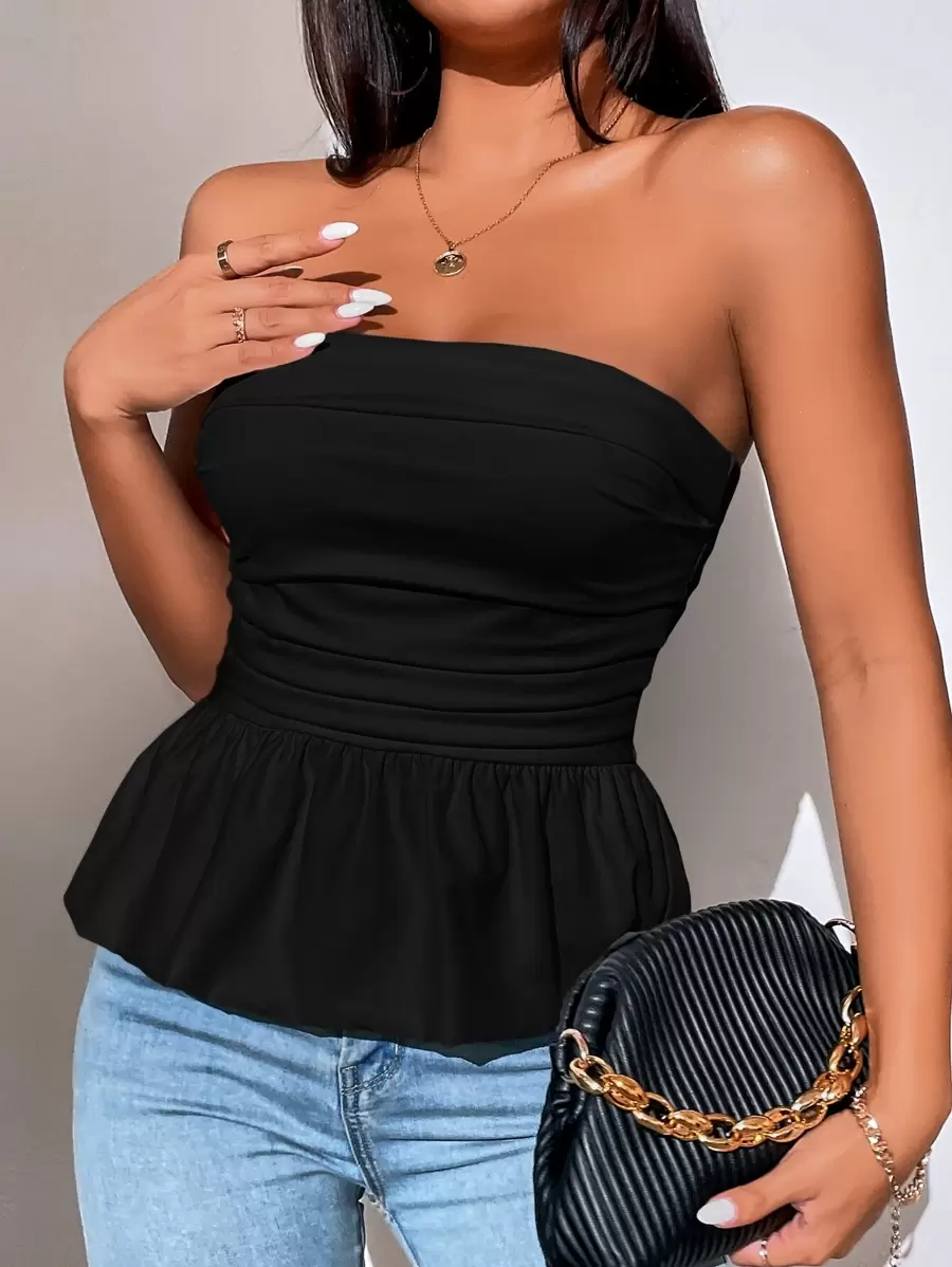 Firerie Ruched Peplum Tube Top - Black - View 1