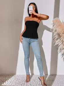 Firerie Ruched Peplum Tube Top - Black - View 6