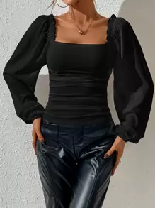 Firerie Square Neck Bishop Sleeve Milkmaid Blouse,Long Sleeve Tops - Black - View 3