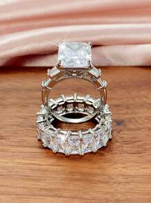 Bộ 2 chiếc nhẫn Cubic Zirconia tuyệt đẹp dành cho phụ nữ làm đồ trang sức cưới Quà tặng ngày lễ tình nhân, Mẹ, Mẹ, Ngày của Mẹ, Quà tặng - Bạc - Xem 5