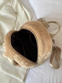 小絨球和卡通耳朵裝飾毛茸茸經典背包 - 卡其色 - 查看 6