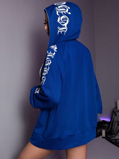 Letter Graphic Zip Up Raglan Sleeve Hoodie,Long Sleeve Tops