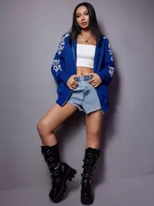 SHEIN ICON Letter Graphic Zip Up Raglan Sleeve Hoodie,Long Sleeve Tops Graduation,Back To School Outfits,Graduation,Teacher Outfits For Women,Back To School In Fall/Winter - Royal Blue - View 3