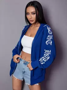 SHEIN ICON Letter Graphic Zip Up Raglan Sleeve Hoodie,Long Sleeve Tops Graduation,Back To School Outfits,Graduation,Teacher Outfits For Women,Back To School In Fall/Winter - Royal Blue - View 5