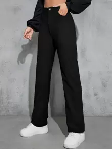 SHEIN EZwear High Waist Slant Pockets Corduroy Trousers - Black - View 1