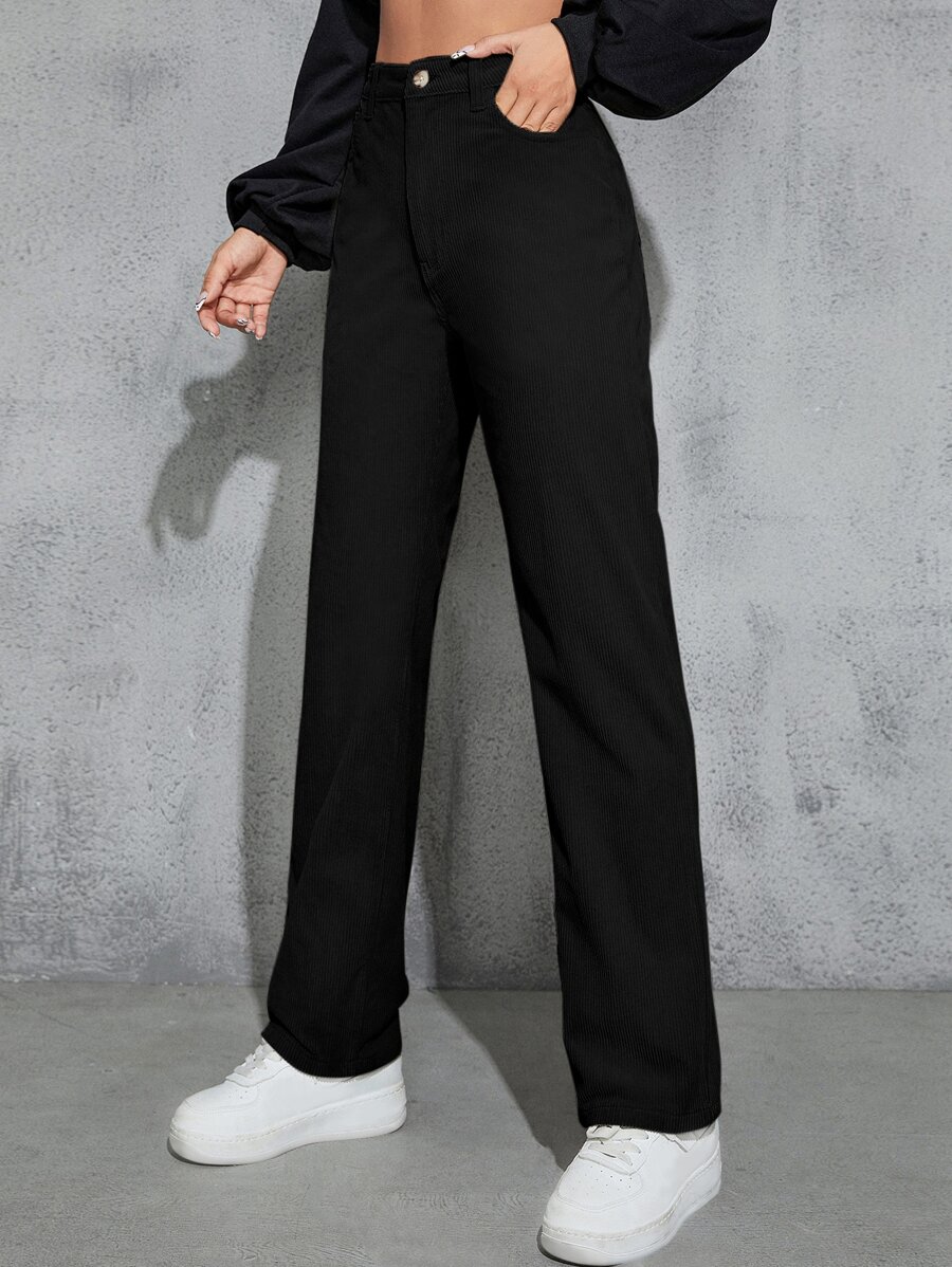 SHEIN EZwear High Waist Slant Pockets Corduroy Trousers - Black - View 1